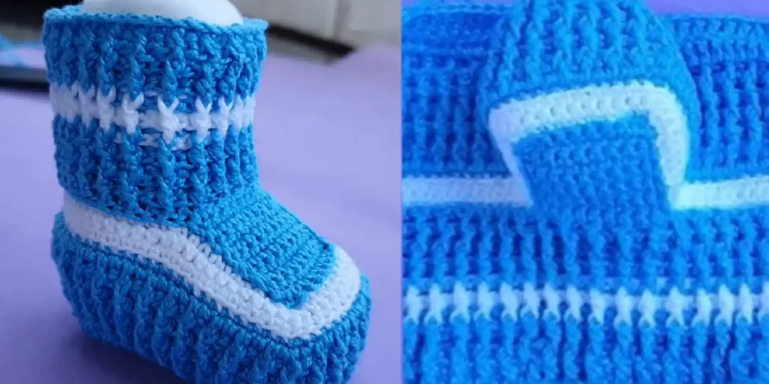Sapatinho De Bebê Azul E Branco De Crochê Com Técnica Invertida